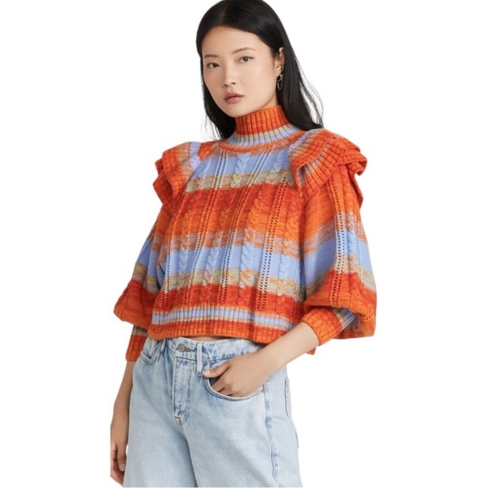 Colorful Ruffle-Shoulder Cropped Sweater - Orange/Blue